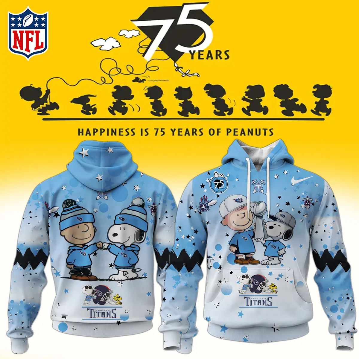 Tennessee Titans NFL Snoopy and Charlie Brown Peanuts 75th Anniversary Unisex Hoodie