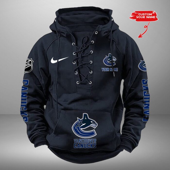 Vancouver Canucks NHL Swoosh Hooded Lace Up Retro Vintage Hoodie Custom Name