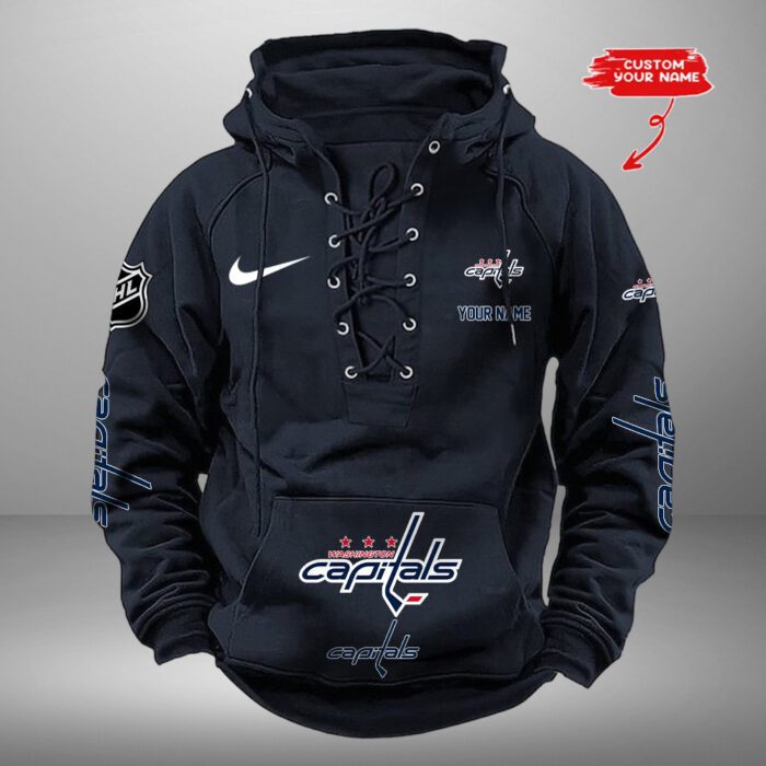 Washington Capitals NHL Swoosh Hooded Lace Up Retro Vintage Hoodie Custom Name