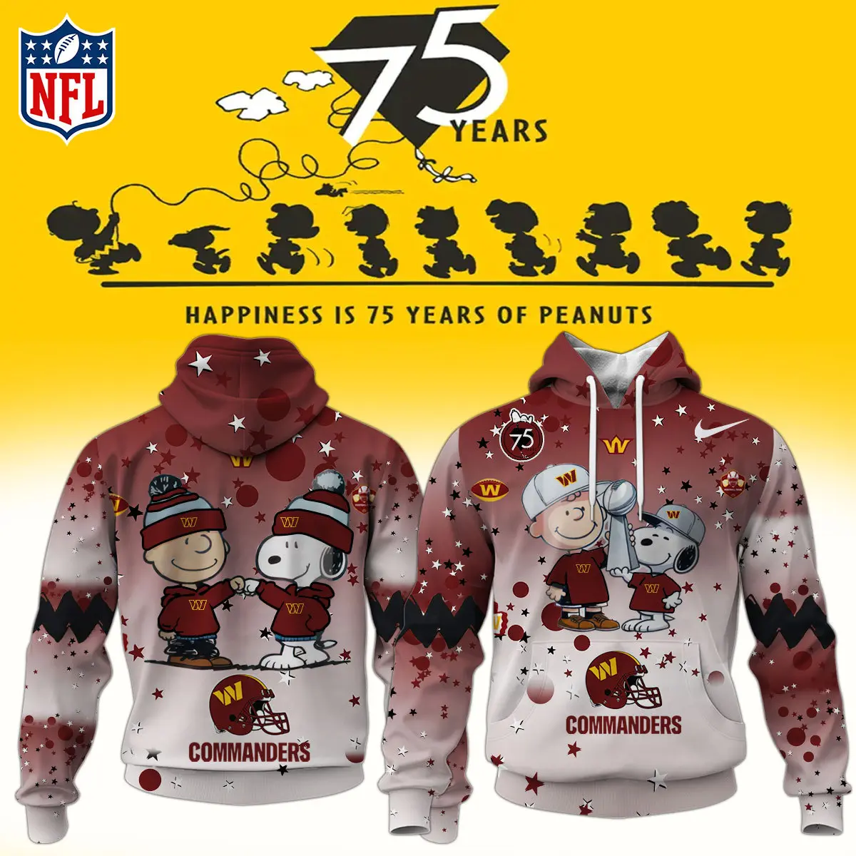 Washington Commanders NFL Snoopy and Charlie Brown Peanuts 75th Anniversary Unisex Hoodie