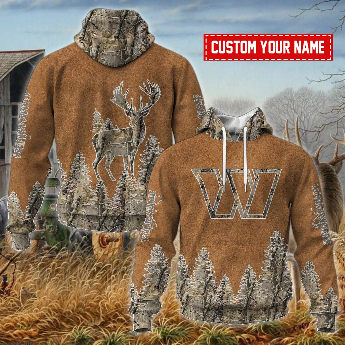 Washington Commanders Personalized NFL X Camo Hunting Brown Unisex Hoodie 2024/25 WHD5086