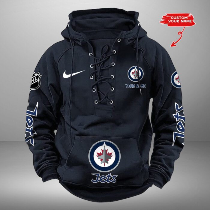 Winnipeg Jets NHL Swoosh Hooded Lace Up Retro Vintage Hoodie Custom Name