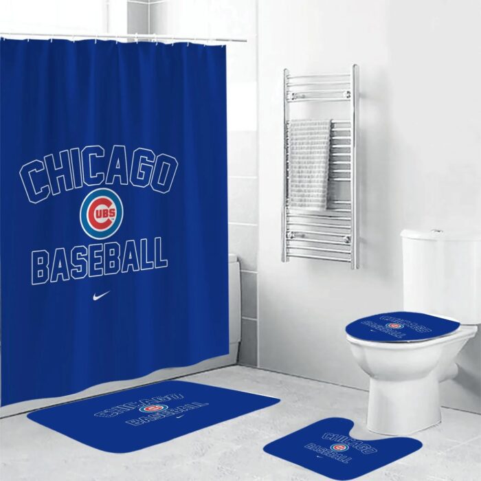 Chicago Cubs Blue Text Logo 3D Bathroom Sets With Waterproof Shower Curtains And Bath Mat Sets BRS2748