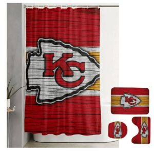 Kansas City Chiefs Wood Background Logo Waterproof Shower Curtain Non-Slip Toilet Lid Cover Bath Mat Bathroom Set BRS4279