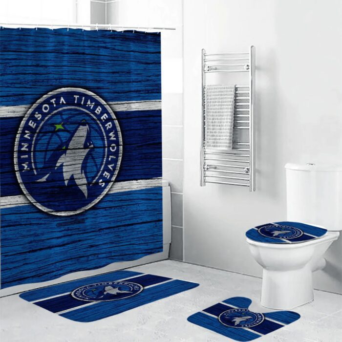 Minnesota Timberwolves Emblem 2 Waterproof Shower Curtain Non-Slip Toilet Lid Cover Bath Mat Bathroom Set BRS4833