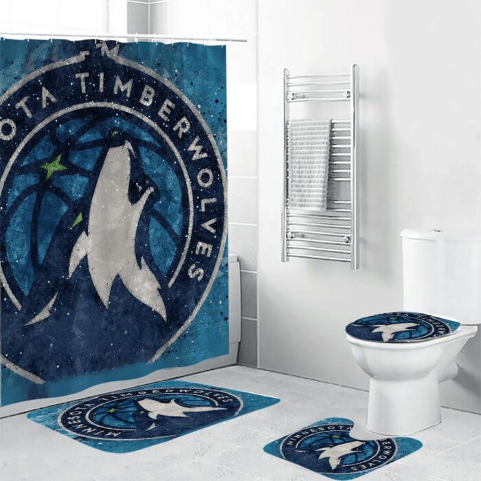 Minnesota Timberwolves Emblem 5 Waterproof Shower Curtain Non-Slip Toilet Lid Cover Bath Mat Bathroom Set BRS4839