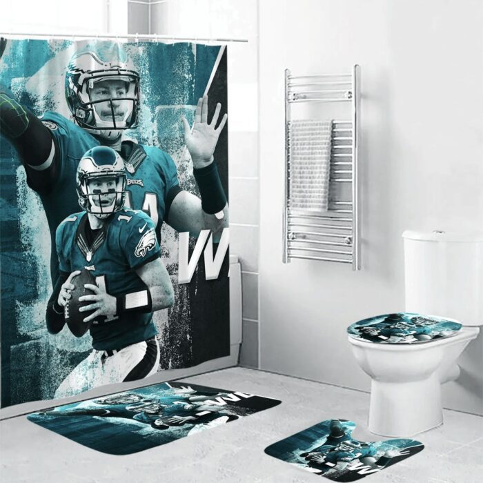 Philadelphia Eagles Carson Wentz 11 Waterproof Shower Curtain Non-Slip Toilet Lid Cover Bath Mat Bathroom Set BRS2545