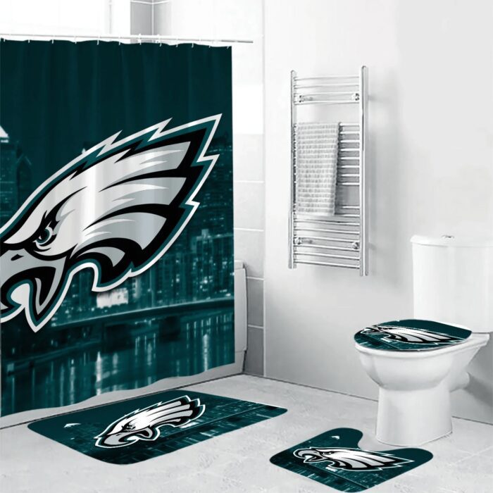 Philadelphia Eagles City Shower Curtain Non-Slip Toilet Lid Cover Bath Mat Bathroom Set BRS2010