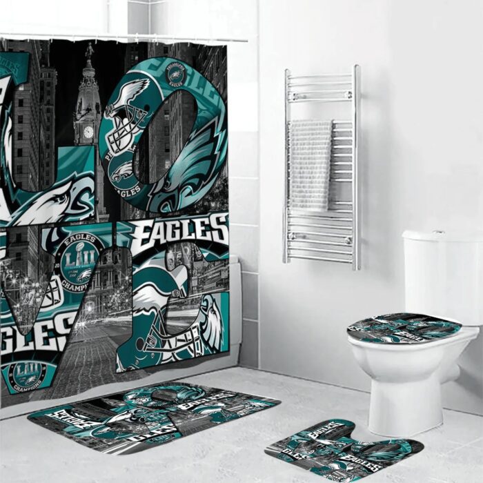 Philadelphia Eagles Love City Waterproof Shower Curtain Non-Slip Toilet Lid Cover Bath Mat Bathroom Set BRS2541