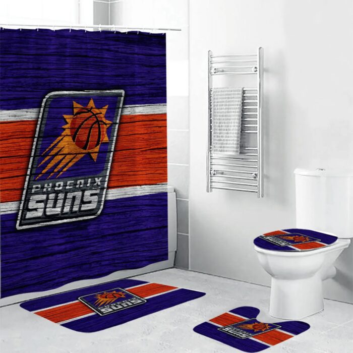 Phoenix Suns Emblem Wooden Texture Waterproof Shower Curtain Non-Slip Toilet Lid Cover Bath Mat Bathroom Set BRS4741