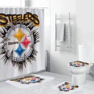 Pittsburgh Steelers Logo Scratch Waterproof Shower Curtain Non-Slip Toilet Lid Cover Bath Mat Bathroom Set BRS2643