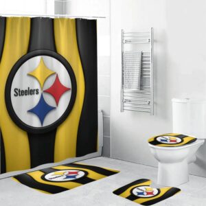 Pittsburgh Steelers Logo illusion Stripe Waterproof Shower Curtain Non-Slip Toilet Lid Cover Bath Mat Bathroom Set BRS2550