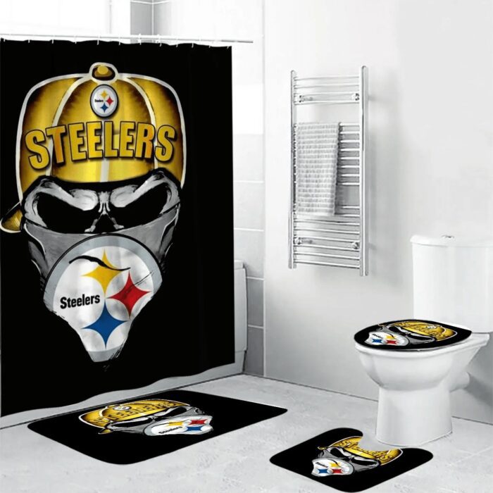 Pittsburgh Steelers Skull With Mask Waterproof Shower Curtain Non-Slip Toilet Lid Cover Bath Mat Bathroom Set BRS2580