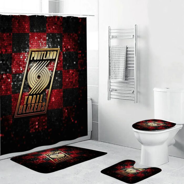 Portland Trail Blazers Golden Red Blue Glass Waterproof Shower Curtain Non-Slip Toilet Lid Cover Bath Mat Bathroom Set BRS4721