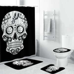 San Antonio Spurs Skull Black White Waterproof Shower Curtain Non-Slip Toilet Lid Cover Bath Mat Bathroom Set BRS2652