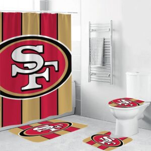 San Francisco 49ers Logo Stripe Waterproof Shower Curtain Non-Slip Toilet Lid Cover Bath Mat Bathroom Set BRS2593