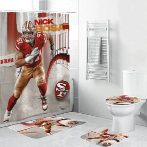 San Francisco 49ers Nick Bosa 97 Waterproof Shower Curtain Non-Slip Toilet Lid Cover Bath Mat Bathroom Set BRS2553