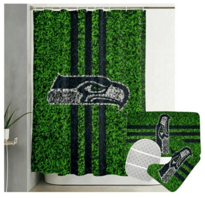 Seattle Seahawks Grass Waterproof Shower Curtain Non-Slip Toilet Lid Cover Bath Mat Bathroom Set