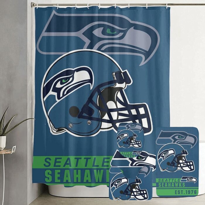 Seattle Seahawks Helmet Logo Waterproof Shower Curtain Non-Slip Toilet Lid Cover Bath Mat Bathroom Set