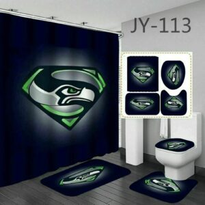 Seattle Seahawks Logo Diamon Waterproof Shower Curtain Non-Slip Toilet Lid Cover Bath Mat Bathroom Set