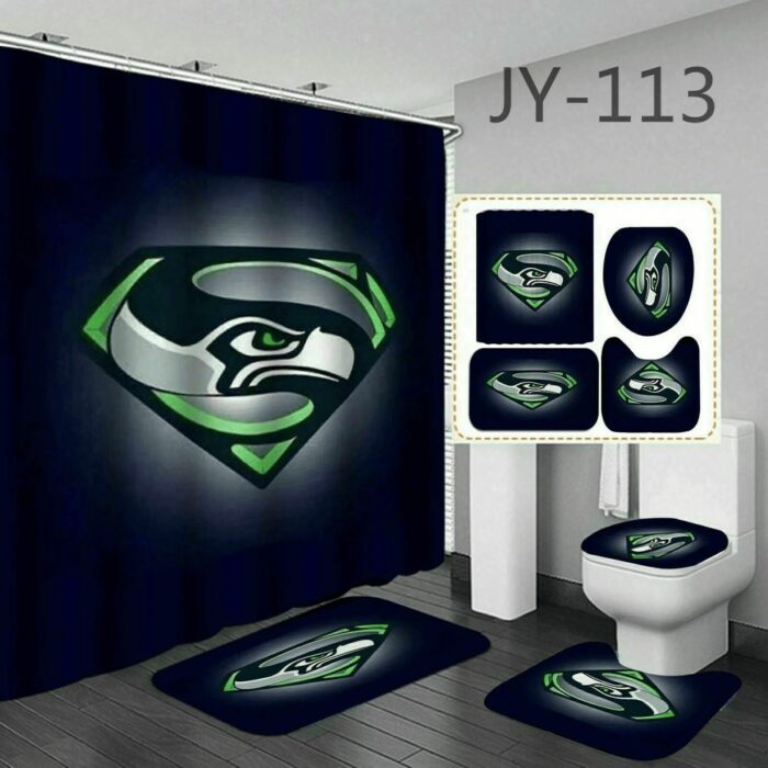 Seattle Seahawks Logo Diamon Waterproof Shower Curtain Non-Slip Toilet Lid Cover Bath Mat Bathroom Set