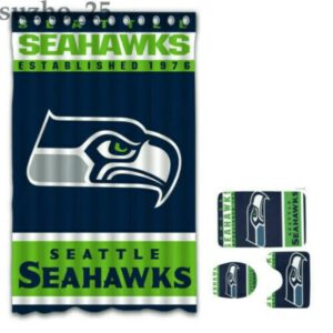 Seattle Seahawks Logo EST 1976 Waterproof Shower Curtain Non-Slip Toilet Lid Cover Bath Mat Bathroom Set