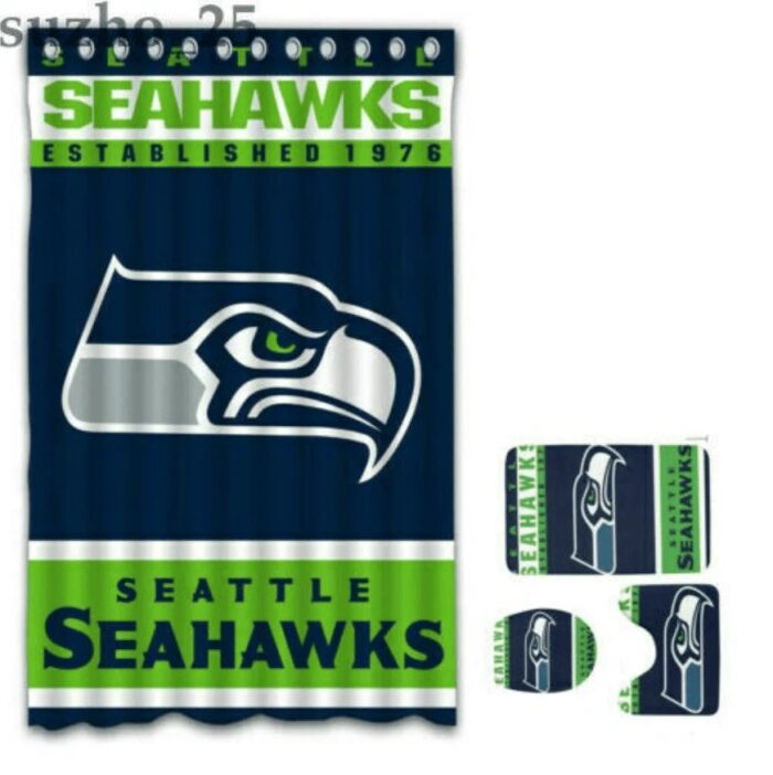 Seattle Seahawks Logo EST 1976 Waterproof Shower Curtain Non-Slip Toilet Lid Cover Bath Mat Bathroom Set