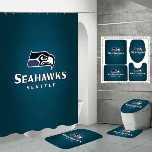 Seattle Seahawks Logo Waterproof Shower Curtain Non-Slip Toilet Lid Cover Bath Mat Bathroom Set