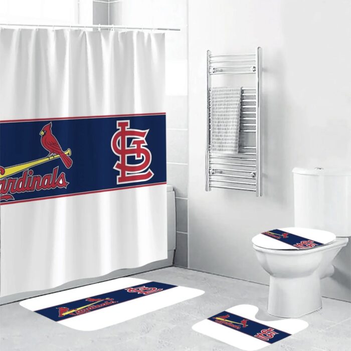 St. Louis Cardinals Logo Navy Ribbon 3D Bathroom Sets With Waterproof Shower Curtains And Bath Mat Sets BRS2761