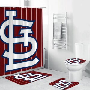 St. Louis Cardinals Logo White Striped 3D Bathroom Sets With Waterproof Shower Curtains And Bath Mat Sets BRS2669