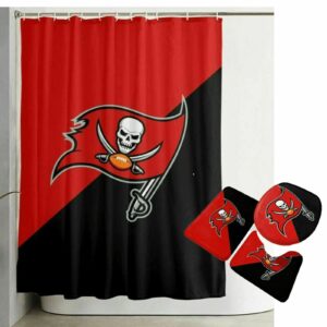 Tampa Bay Buccaneers Logo Red and Black Waterproof Shower Curtain Non-Slip Toilet Lid Cover Bath Mat Bathroom Set BRS4189