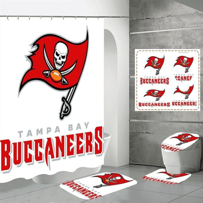 Tampa Bay Buccaneers White Background Logo Waterproof Shower Curtain Non-Slip Toilet Lid Cover Bath Mat Bathroom Set BRS4177