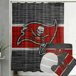 Tampa Bay Buccaneers Wood Background Logo Waterproof Shower Curtain Non-Slip Toilet Lid Cover Bath Mat Bathroom Set BRS4163