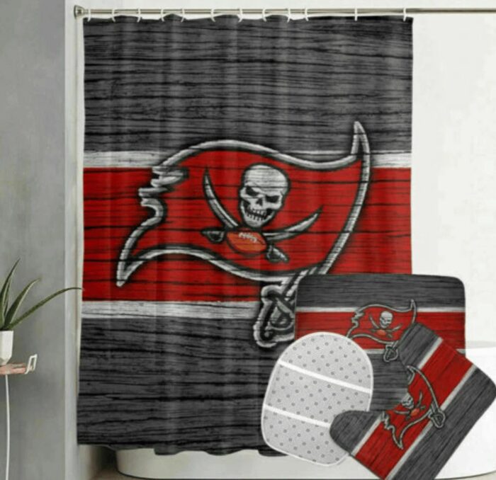 Tampa Bay Buccaneers Wood Background Logo Waterproof Shower Curtain Non-Slip Toilet Lid Cover Bath Mat Bathroom Set BRS4163