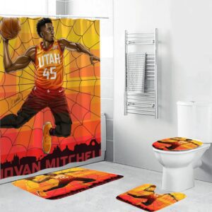 Utah Jazz 45 Donova Mitchell Waterproof Shower Curtain Non-Slip Toilet Lid Cover Bath Mat Bathroom Set BRS4730