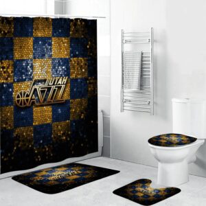 Utah Jazz Emblem Waterproof Shower Curtain Non-Slip Toilet Lid Cover Bath Mat Bathroom Set BRS4728