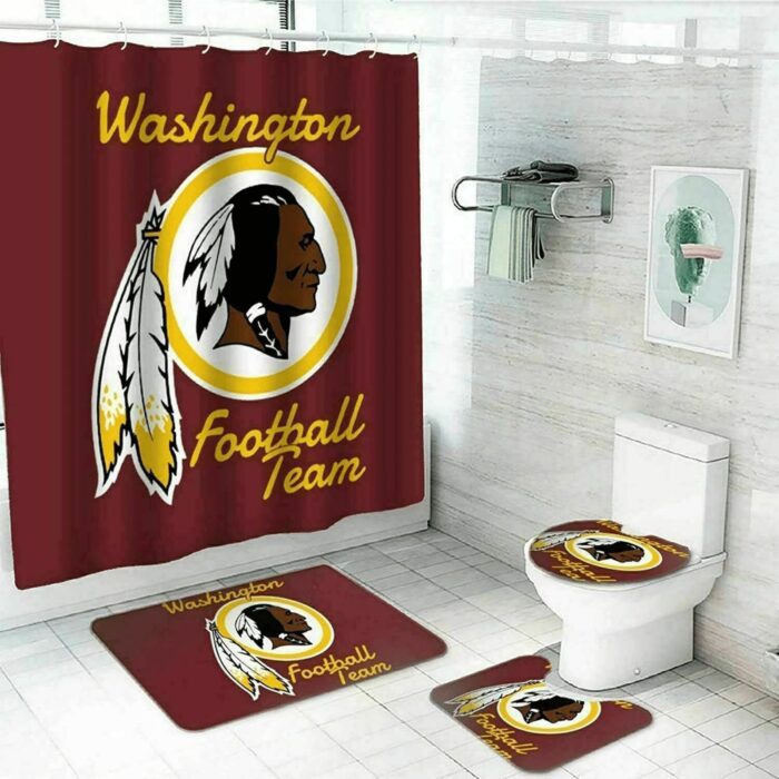 Washington Commanders 1 Logo Waterproof Shower Curtain Non-Slip Toilet Lid Cover Bath Mat Bathroom Set BRS4166