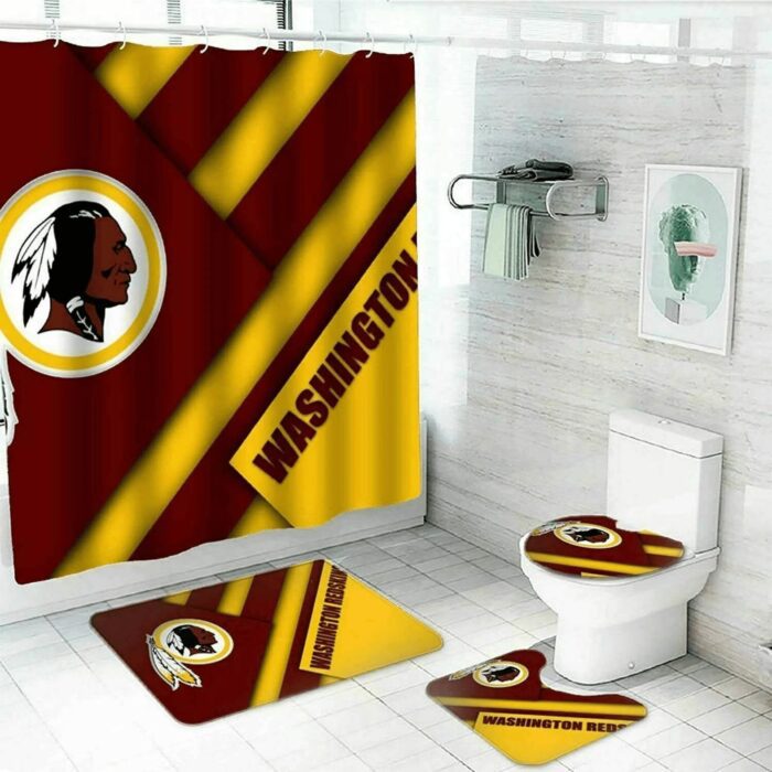 Washington Commanders 2 Logo Waterproof Shower Curtain Non-Slip Toilet Lid Cover Bath Mat Bathroom Set BRS4237