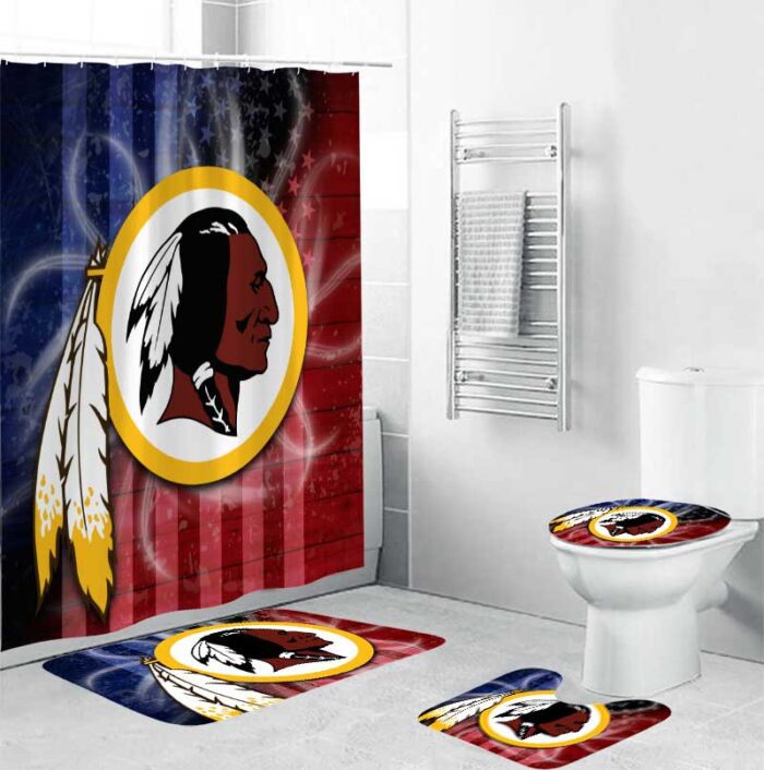 Washington Commanders USA Flag 3 Background Logo Waterproof Shower Curtain Non-Slip Toilet Lid Cover Bath Mat Bathroom Set BRS4164