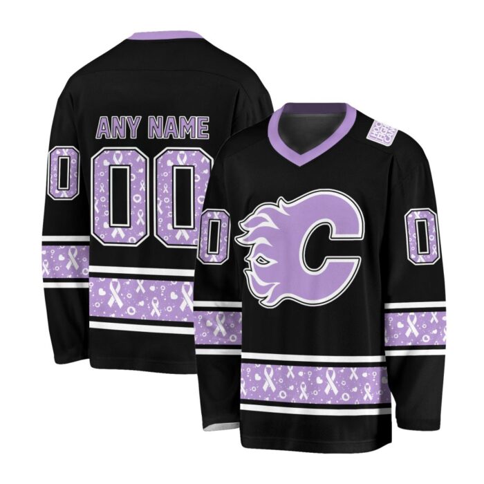 NHL Calgary Flames Special Black Hockey Fight Cancer V-neck Hockey Jersey FHJ301