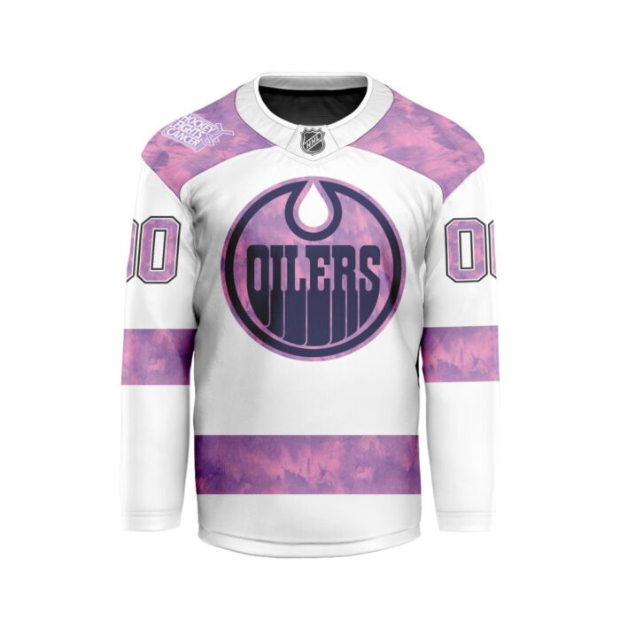 NHL Edmonton Oilers Personalized Hockey Fights Cancer Design Hockey Jersey Collar Logo