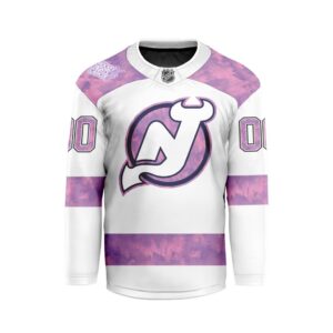 NHL New Jersey Devils Personalized Hockey Fights Cancer Design Hockey Jersey Collar Logo