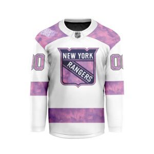 NHL New York Rangers Personalized Hockey Fights Cancer Design Hockey Jersey Collar Logo