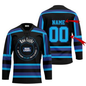 Personalized Black Born To Drink Bud Light and Play Lace Hockey Jersey