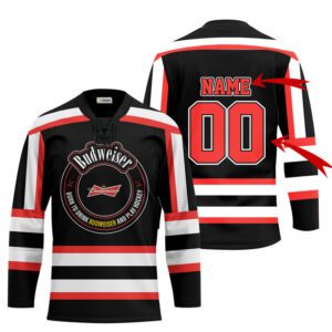 Personalized Black Born To Drink Budweiser and Play Lace Hockey Jersey