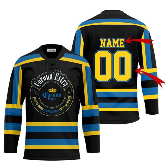 Personalized Black Born To Drink Corona Extra and Play Lace Hockey Jersey