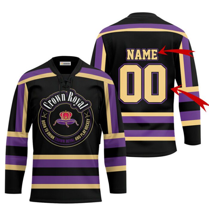 Personalized Black Born To Drink Crown Royal and Play Lace Hockey Jersey