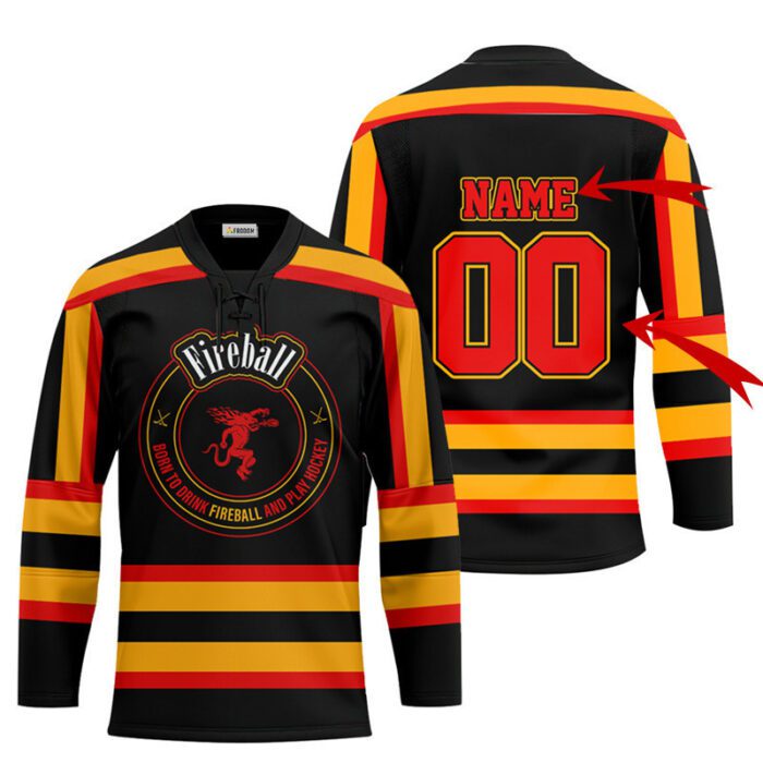 Personalized Black Born To Drink Fireball Whiskey and Play Lace Hockey Jersey