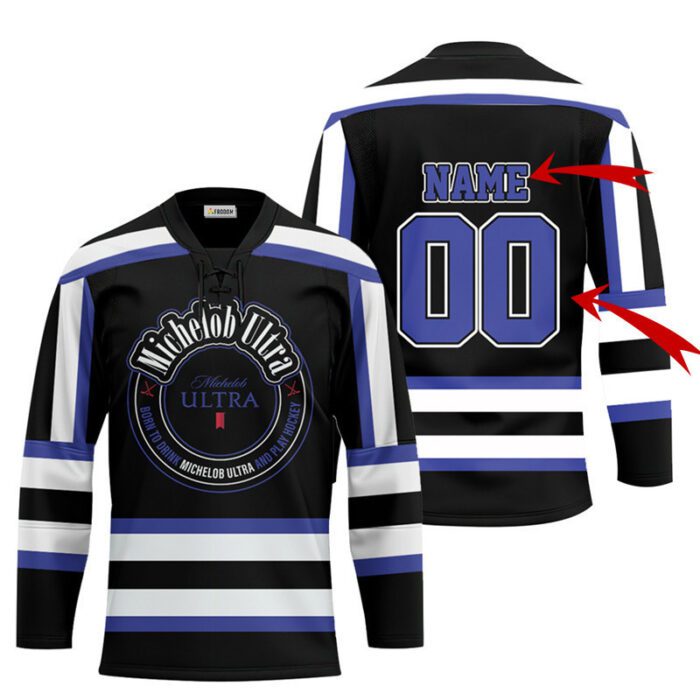 Personalized Black Born To Drink Michelob ULTRA and Play Lace Hockey Jersey