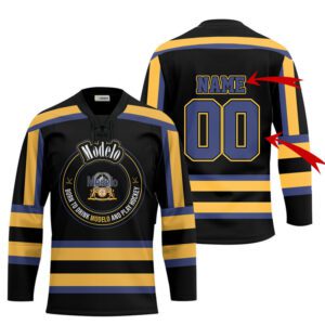 Personalized Black Born To Drink Modelo Beer and Play Lace Hockey Jersey